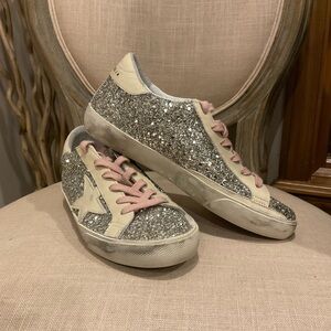 Golden Goose Limited Edition Silver Glitter Super Star with Light Pink Laces